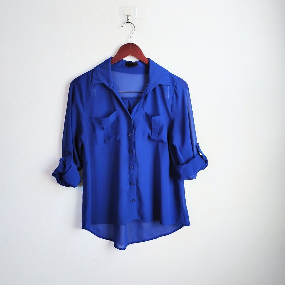 Unbranded large blue sheer button down long sleeve blouse